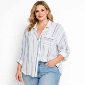 Kona Sol Blue White Stripe Gauzy Sheer Button Up Shirt Cover Up Size XL/2X